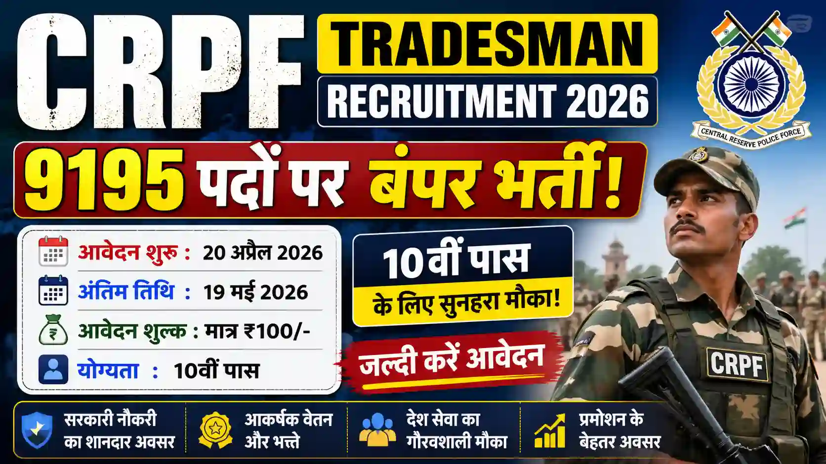 CRPF Tradesman Recruitment 2026: 9195 पदों पर बंपर भर्ती, अभी करें आवेदन!
