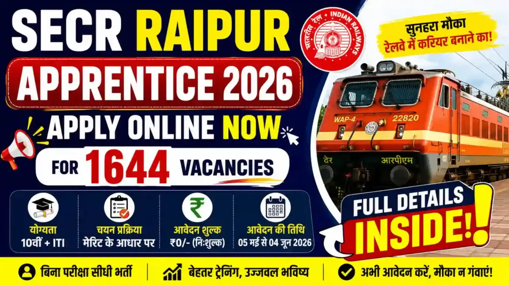 SECR Raipur Apprentice 2026 Apply Online Now for 1644 Vacancies – Full Details Inside