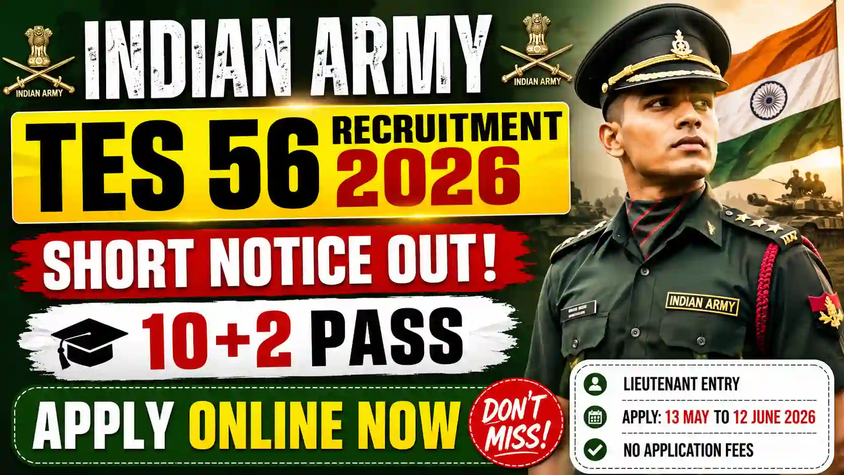 Indian Army TES 56 Recruitment 2026: Short Notice OUT – 10+2 Pass Apply Online Now