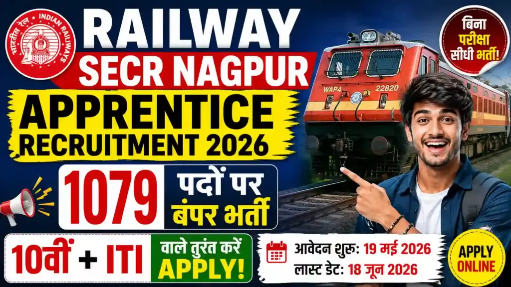 Railway SECR Nagpur Apprentice Recruitment 2026: 1079 पदों पर बंपर भर्ती, 10वीं + ITI वाले तुरंत करें Apply!