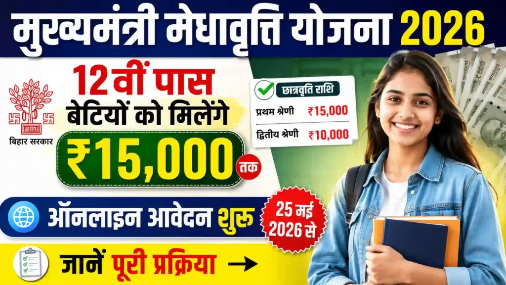 Mukhyamantri Medhavriti Yojana 2026: 12वीं पास बेटियों को मिलेंगे ₹15,000, ऑनलाइन आवेदन शुरू – जानें पूरी प्रक्रिया